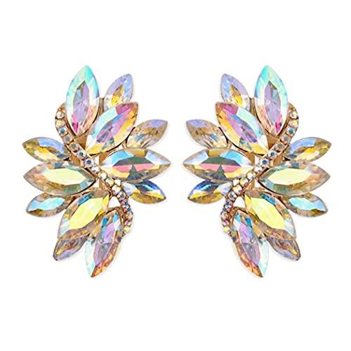 Crystal Marquis Leaf Cluster Statement Clip On Earrings, 1.87" (AB Crystal Gold Tone)