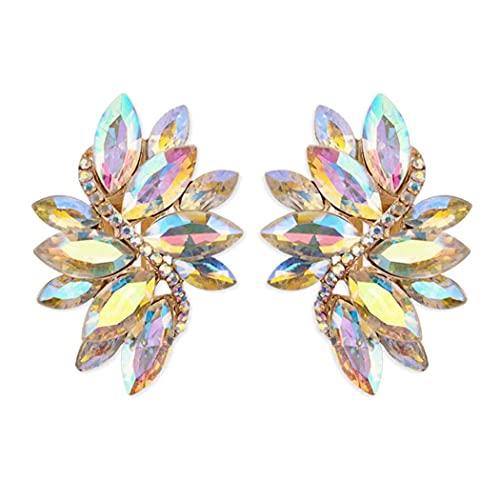 Dazzling Crystal Marquis Leaf Cluster Statement Clip On Earrings, 1.87" (AB Crystal Gold Tone)