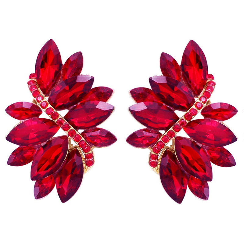Women's Crystal Cluster Statement Clip On Earrings (Gold Tone Red)