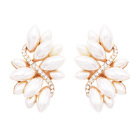 Dazzling Crystal Marquis Leaf Cluster Statement Clip On Earrings, 1.87" (Cream Faux Pearl Gold Tone)