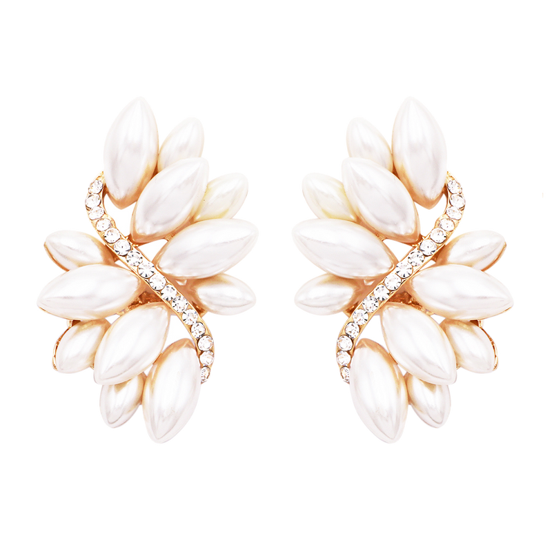 Dazzling Crystal Marquis Leaf Cluster Statement Clip On Earrings, 1.87" (Cream Faux Pearl Gold Tone)