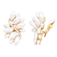 Crystal Marquis Faux Pearl Leaf Cluster Statement Clip On Earrings Simulated Pearl