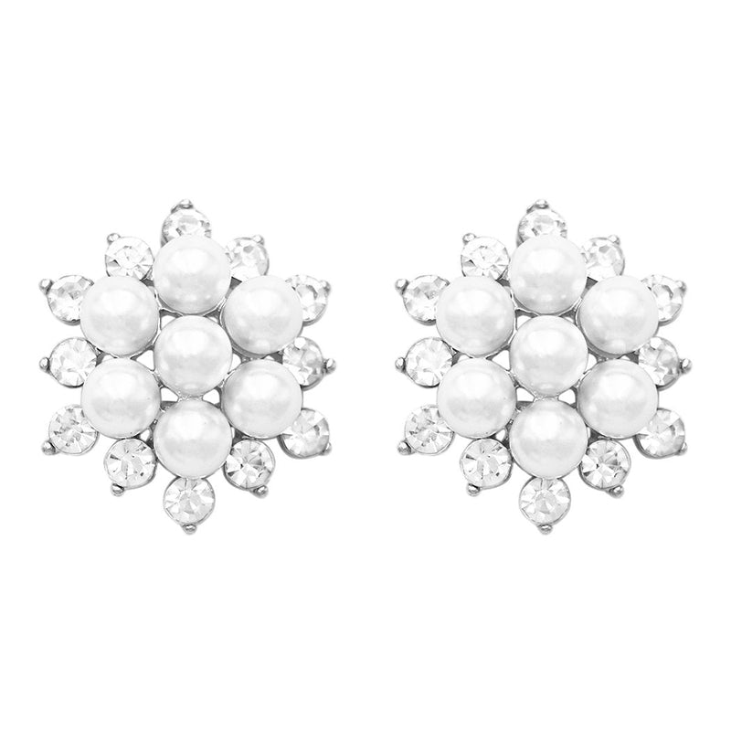 Timeless Classic Simulated Pearl And Crystal Rhinestone Flower Cluster Clip On Earrings, 1.12" (Silver Tone)