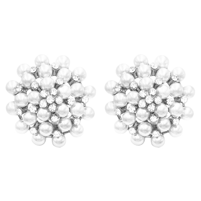 Timeless Classic Simulated Pearl And Crystal Rhinestone Cluster Clip On Earrings, 1.5" (Silver Tone)