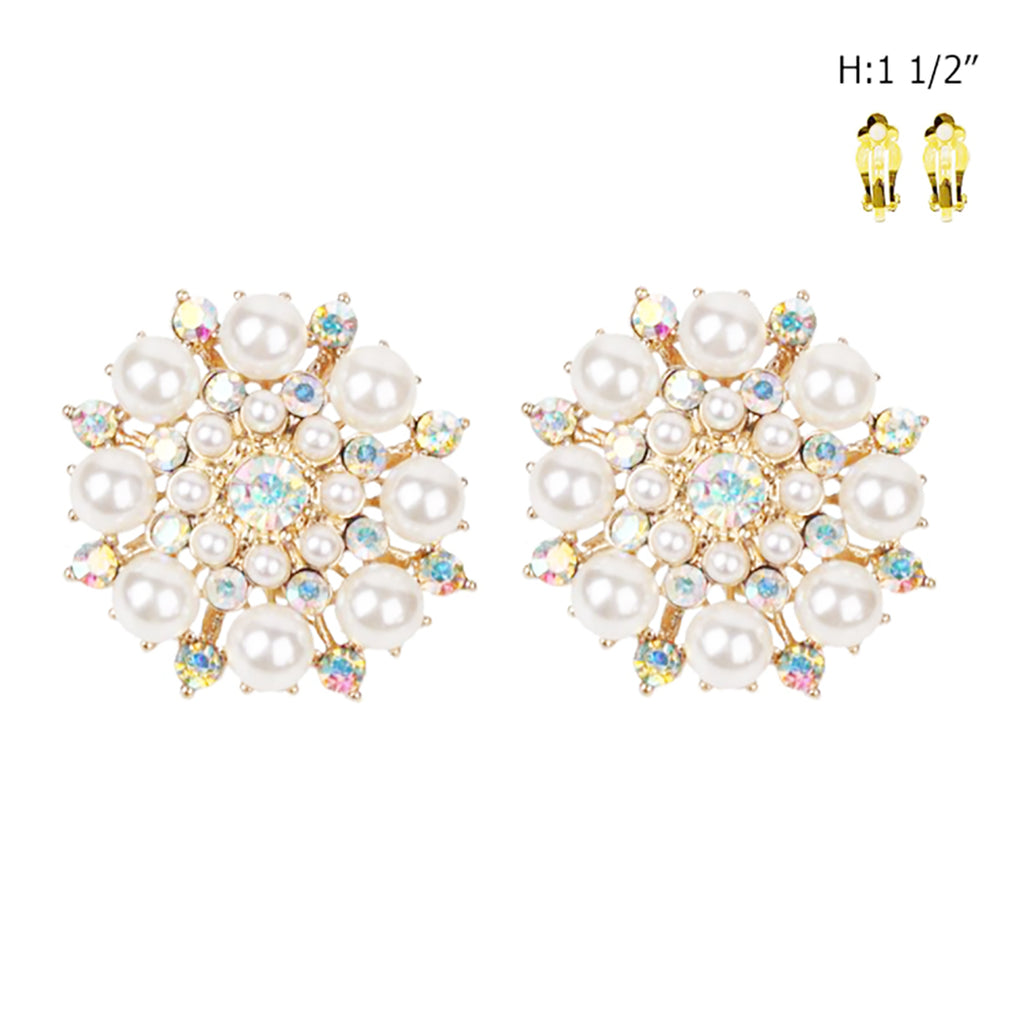 Statement Simulated Pearl And AB Crystal Cluster Clip On Earrings, 1.5"