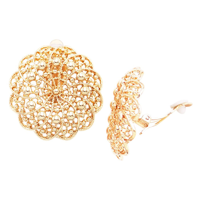Statement Circular Filigree Metal Doily Flower Clip On Earrings (gold tone)