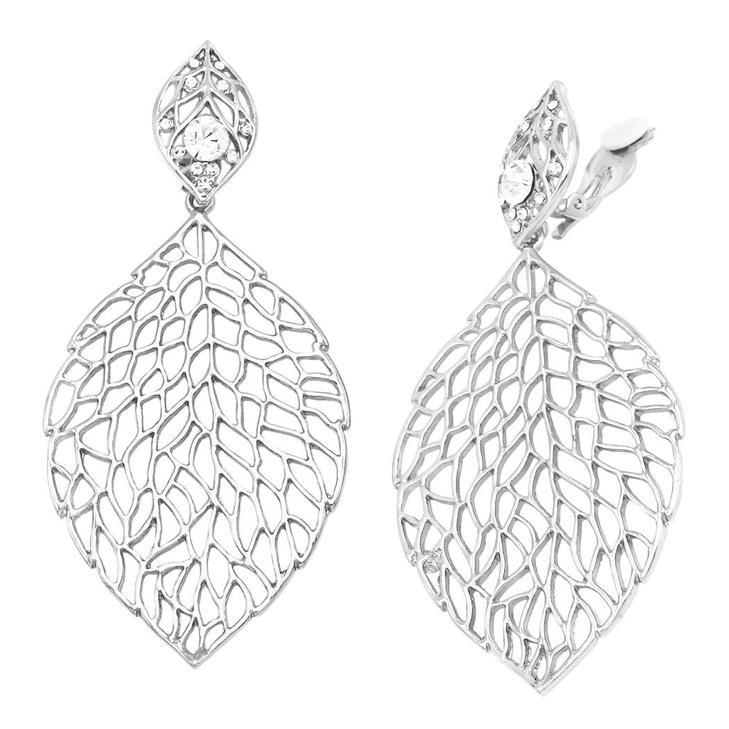 Extra Large Filigree Leaf Crystal Accent Clip on Earrings, 4" (Silver Tone)