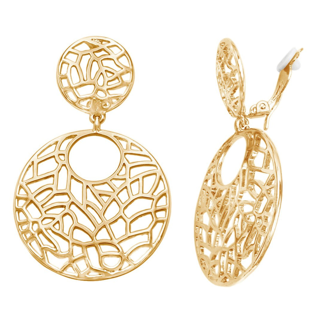 Statement Cut Out Round Double Hoop Dangle Clip on Style Earrings, 2.75" (Gold Tone)