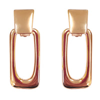 Polished Metal Rectangular Geometric Open Hoop Statement Clip On Earring, 2.25" (Rose Gold Tone)