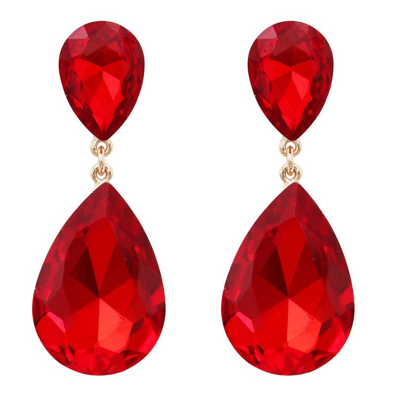 Women's Double Teardrop Glass Crystal Statement Post Drop Dangle Earrings, 2"