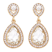 Glass Crystal Teardrop Rhinestone Pave Halo Statement Drop Post Back Earrings (Clear Crystal/Gold Tone)
