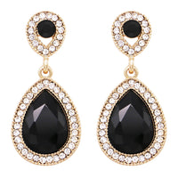 Glass Crystal Teardrop Rhinestone Pave Halo Statement Drop Post Back Earrings (Jet Black/Gold Tone)