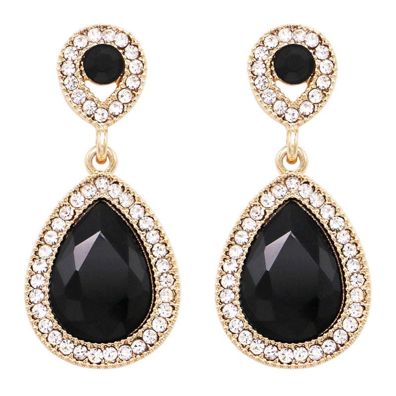 Glass Crystal Teardrop Rhinestone Pave Halo Statement Drop Post Back Earrings (Jet Black/Gold Tone)