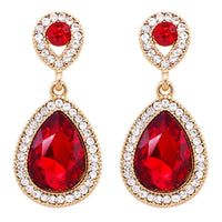 Glass Crystal Teardrop Rhinestone Pave Halo Statement Drop Post Back Earrings (Red Crystal/Gold Tone)