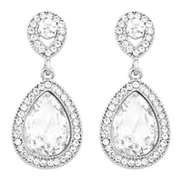 Glass Crystal Teardrop Rhinestone Pave Halo Statement Drop Post Back Earrings (Clear Crystal/Silver Tone)