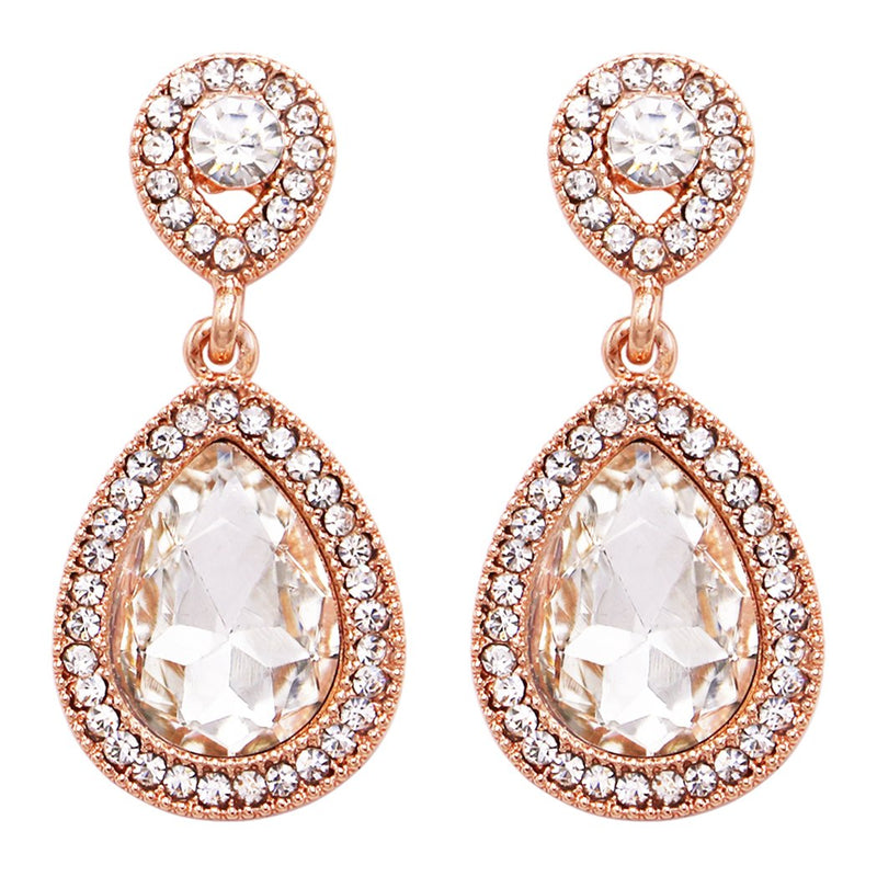 Glass Crystal Teardrop Rhinestone Pave Halo Statement Drop Post Back Earrings (Clear Crystal/Rose Gold Tone)