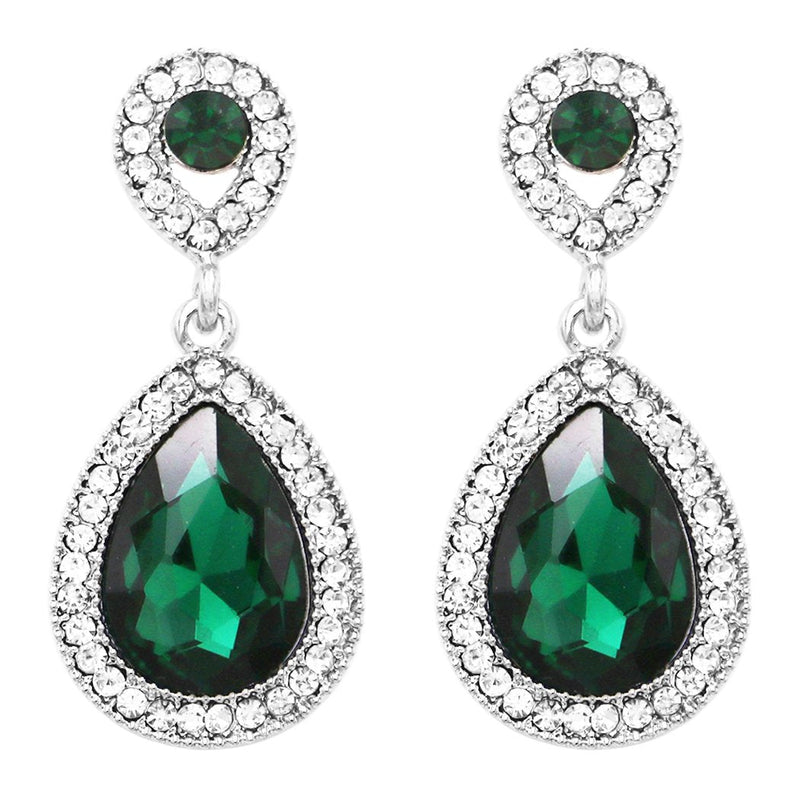 St. Patrick's Day Glass Crystal Teardrop Rhinestone Pave Halo Statement Drop Post Back Earrings (Green Crystal/Silver Tone)