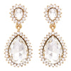 Glass Crystal Double Teardrop Rhinestone Halo Statement Drop Post Back Earrings (Clear Crystal/Gold Tone)