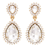 Glass Crystal Double Teardrop Rhinestone Halo Statement Drop Post Back Earrings (Clear Crystal/Gold Tone)