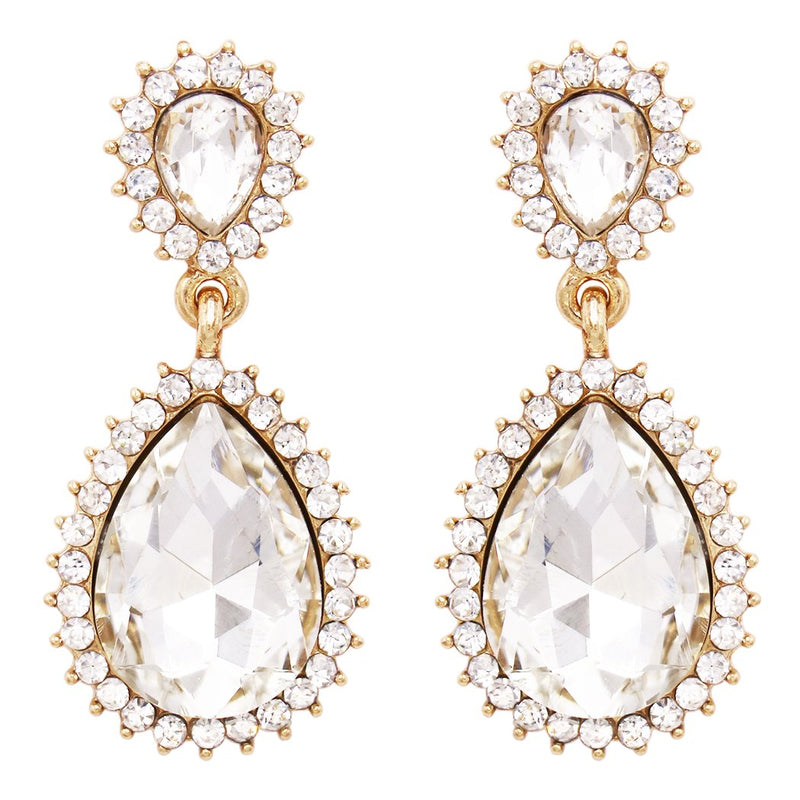 Glass Crystal Double Teardrop Rhinestone Halo Statement Drop Post Back Earrings (Clear Crystal/Gold Tone)