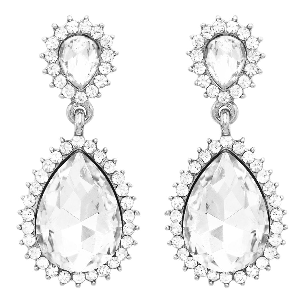 Crystal Teardrop Halo Stud Post Earrings Silver-tone Crystal Teardrop Halo Stud Post Earrings Silver-tone