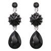 Elegant Glass Crystal Teardrop and Rivoli Rhinestone Statement Dangle Post Back Earrings (Jet Black/Hematite)