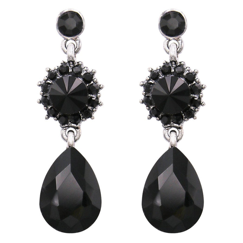 Elegant Glass Crystal Teardrop and Rivoli Rhinestone Statement Dangle Post Back Earrings (Jet Black/Hematite)