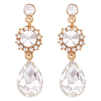 Elegant Glass Crystal Teardrop and Rivoli Rhinestone Statement Dangle Post Back Earrings (Clear Crystal/Gold Tone)