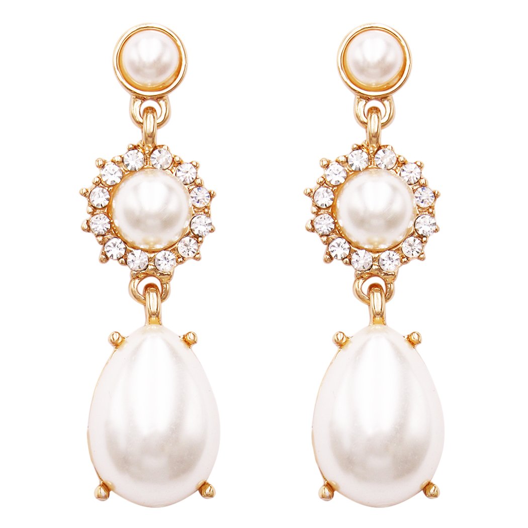 Elegant Glass Crystal Teardrop and Rivoli Rhinestone Statement Dangle Post Back Earrings (Simulated Pearl/Gold Tone)