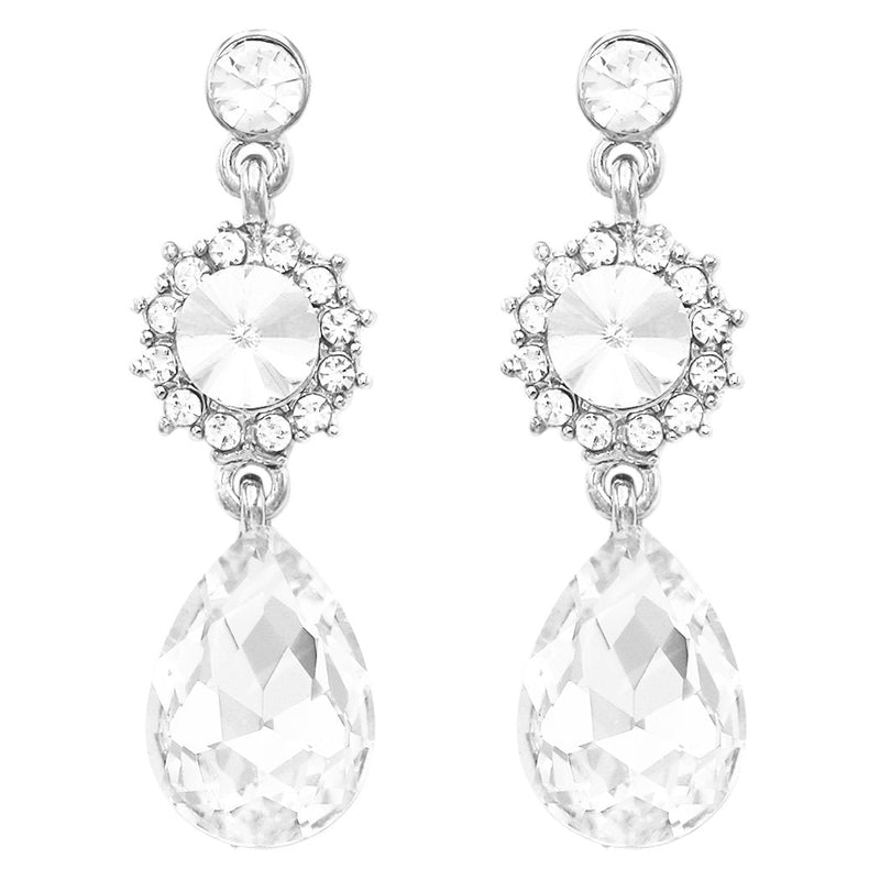 Elegant Glass Crystal Teardrop and Rivoli Rhinestone Statement Dangle Post Back Earrings (Clear Crystal/Silver Tone)