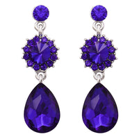 Elegant Glass Crystal Teardrop and Rivoli Rhinestone Statement Dangle Post Back Earrings (Royal Blue/Silver Tone)