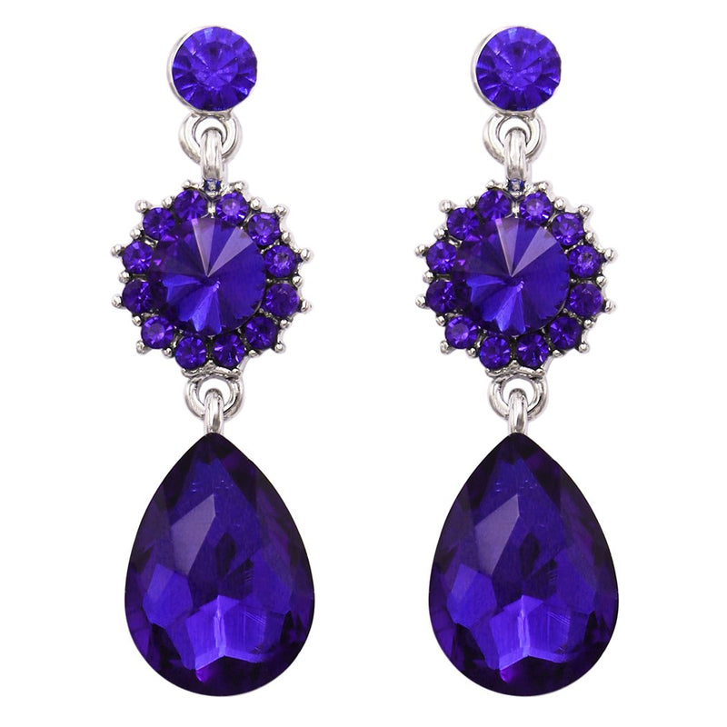 Elegant Glass Crystal Teardrop and Rivoli Rhinestone Statement Dangle Post Back Earrings (Royal Blue/Silver Tone)