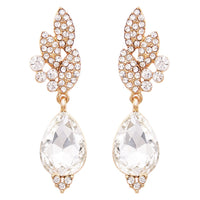 Elegant Glass Crystal Teardrop Pave Rhinestone Statement Drop Post Back Earrings (Clear/Gold Tone)