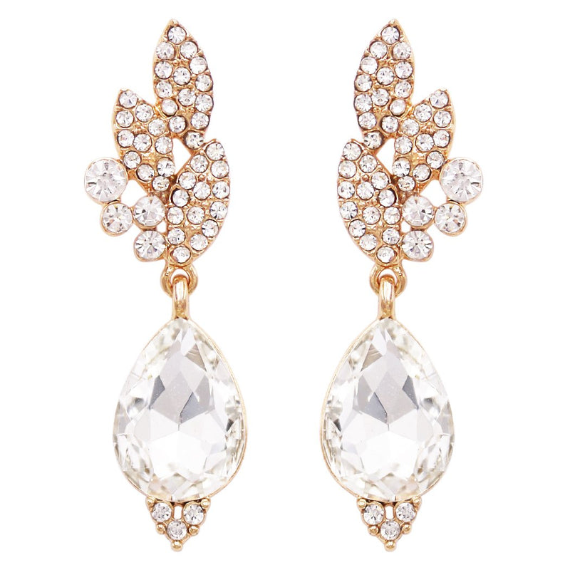 Elegant Glass Crystal Teardrop Pave Rhinestone Statement Drop Post Back Earrings (Clear/Gold Tone)