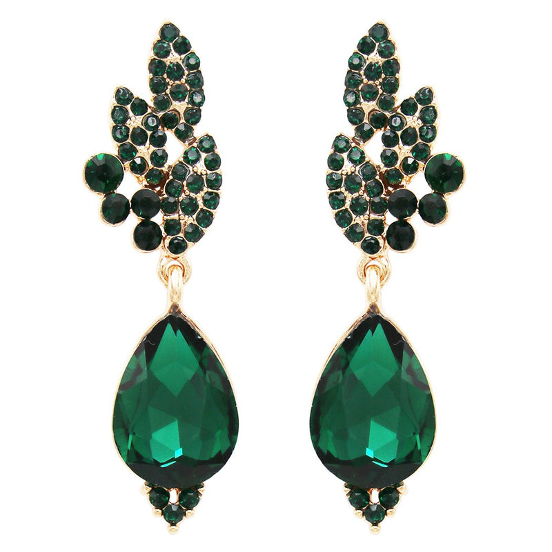 Elegant Glass Crystal Teardrop Pave Rhinestone Statement Drop Post Back Earrings (Green Emerald/Gold Tone)