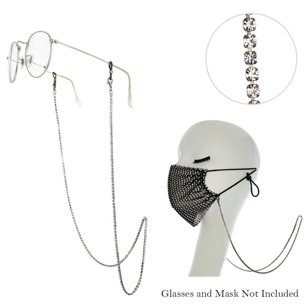 Crystal Rhinestone Strand Necklace Eyeglass Reader Face Mask Holder Strap, 28.5" (Black/Clear Crystal)