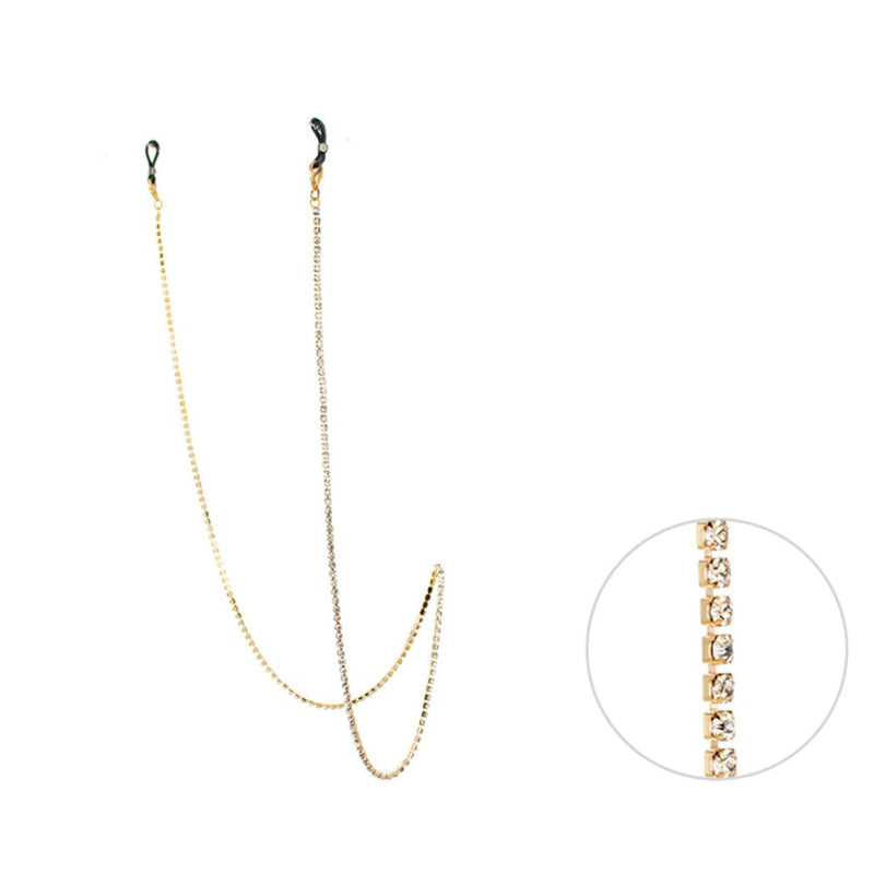 Crystal Rhinestone Strand Necklace Eyeglass Reader Face Mask Holder Strap, 28.5" (Gold/Clear Crystal)