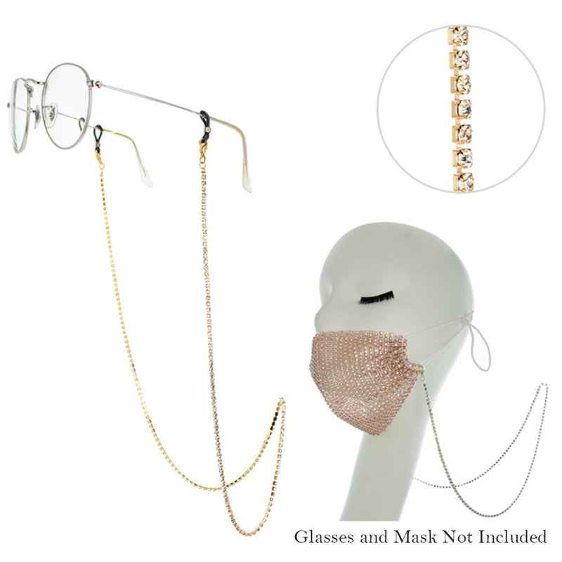 Crystal Rhinestone Strand Necklace Eyeglass Reader Face Mask Holder Strap, 28.5" (Gold/Clear Crystal)
