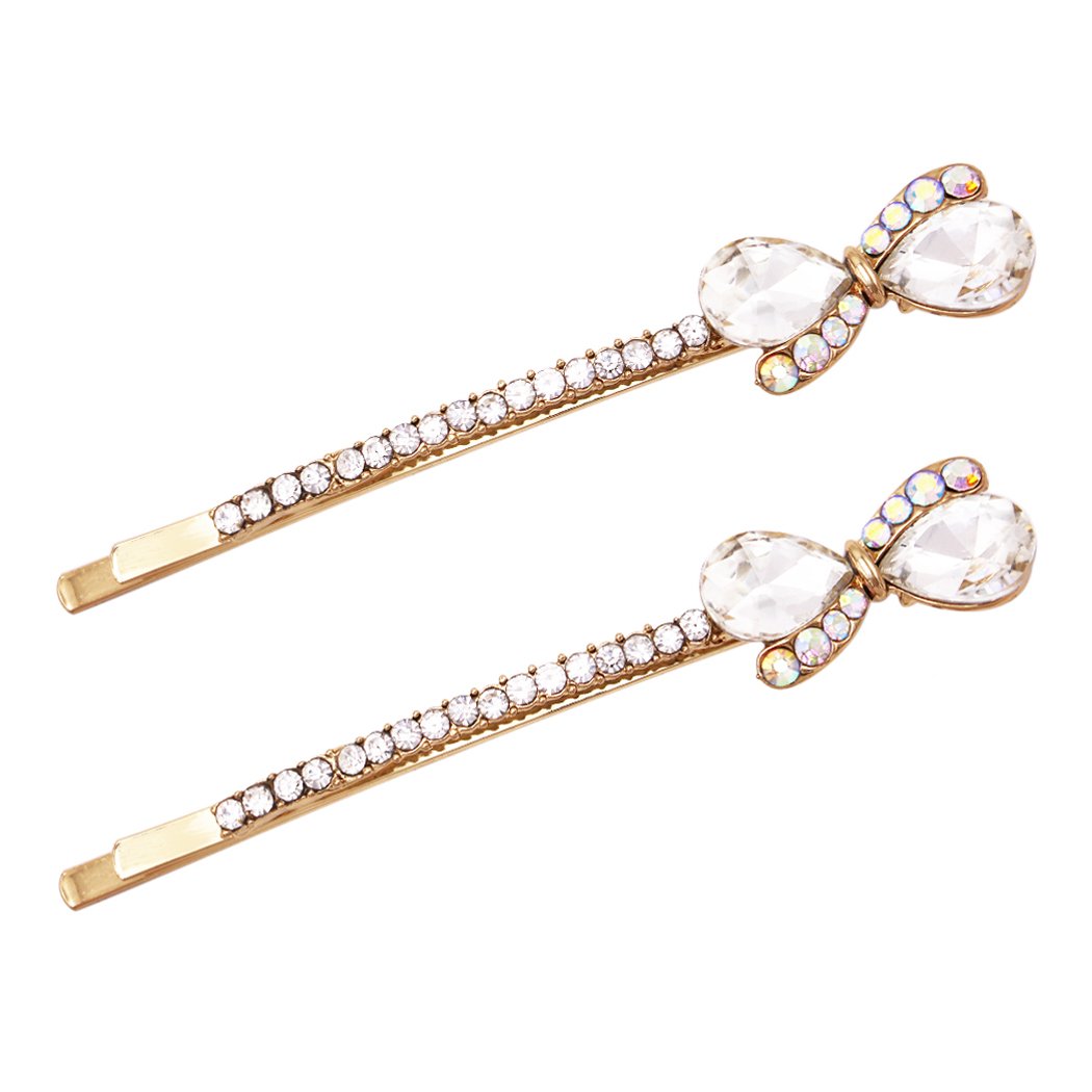 Beautiful Crystal Rhinestone Bow Bobby Pins Hair Barrette Clip Set of 2 Accessories, 2.5" (Clear Crystal Gold Tone)