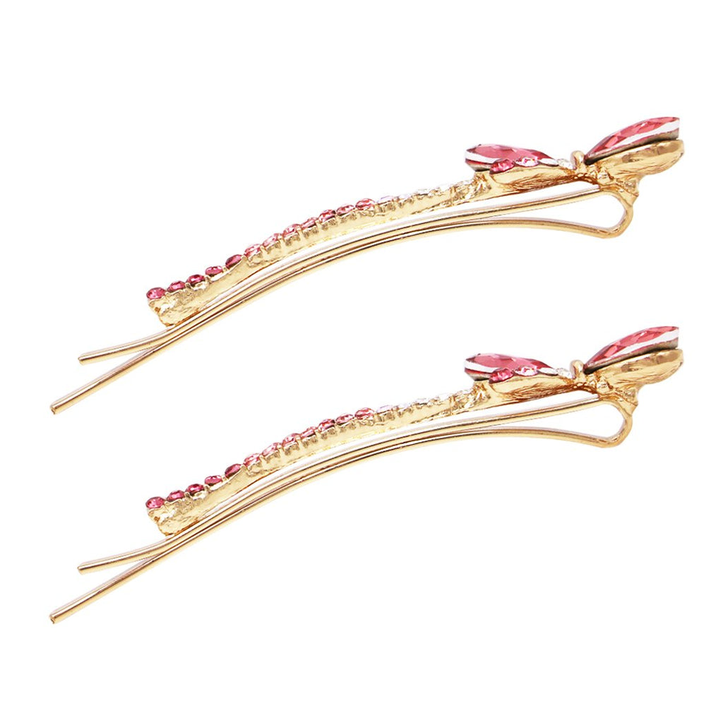Beautiful Crystal Rhinestone Bow Bobby Pins Hair Barrette Clip Set of 2 Accessories, 2.5" (Pink Crystal Gold Tone)
