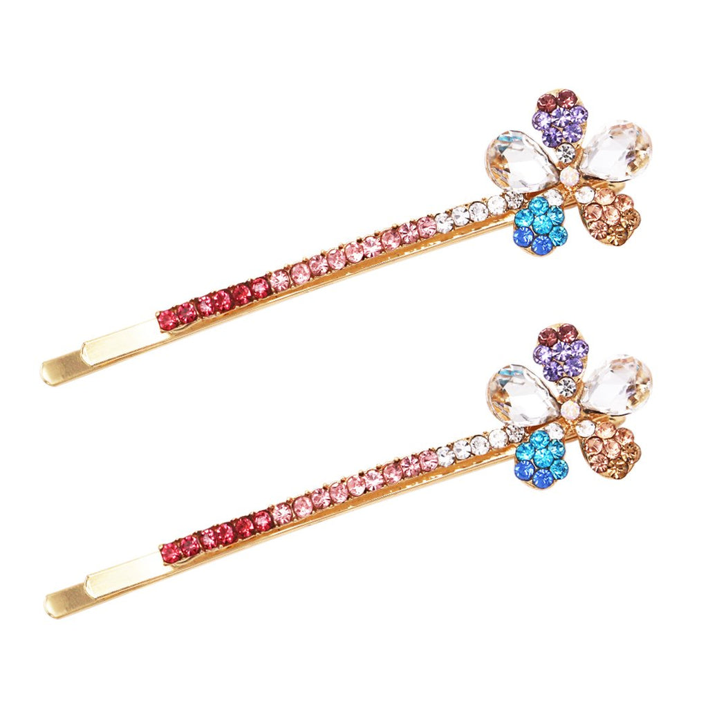 Beautiful Crystal Rhinestone Flower Bobby Pins Hair Barrette Clip Set of 2 Accessories, 2.5" (Multicolor Gold Tone)