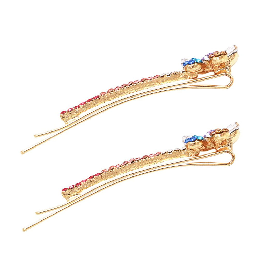 Beautiful Crystal Rhinestone Flower Bobby Pins Hair Barrette Clip Set of 2 Accessories, 2.5" (Multicolor Gold Tone)