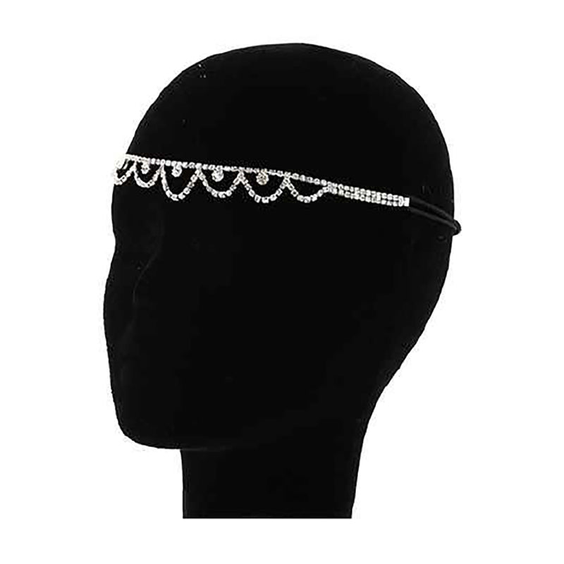 Chic Crystal Rhinestone Stretch Elastic Headband Hair Accessory, 9.25" (Scalloped Double Row)