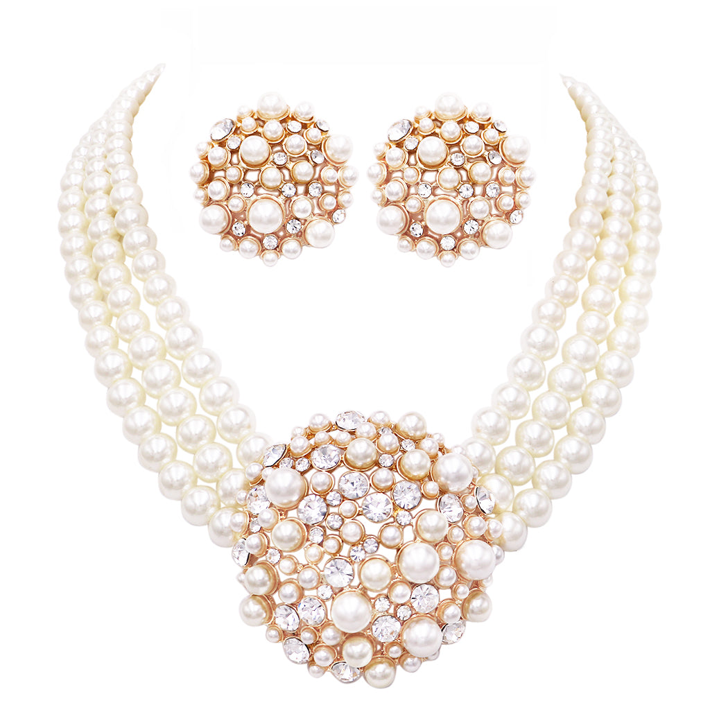 Faux Pearl Jewelry Set - Simulated Pearl Necklace, Bracelet & Earrings For Women