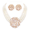 Unique Circular Design Crystal Rhinestone and Simulated Three Strand Pearl Necklace and Earrings Bridal Jewelry Set , 14"+3" Extender (Cream Gold Tone)