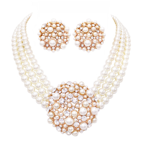 Classic Simulated Pearl And Crystal Rhinestone Bridal Necklace With Hypo Allergenic Earrings Set 16"-19", 18"-21" with 3" extender (Gold Tone, 12)
