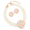Unique Circular Design Crystal Rhinestone and Simulated Three Strand Pearl Necklace and Earrings Bridal Jewelry Set , 14"+3" Extender (Cream Gold Tone)