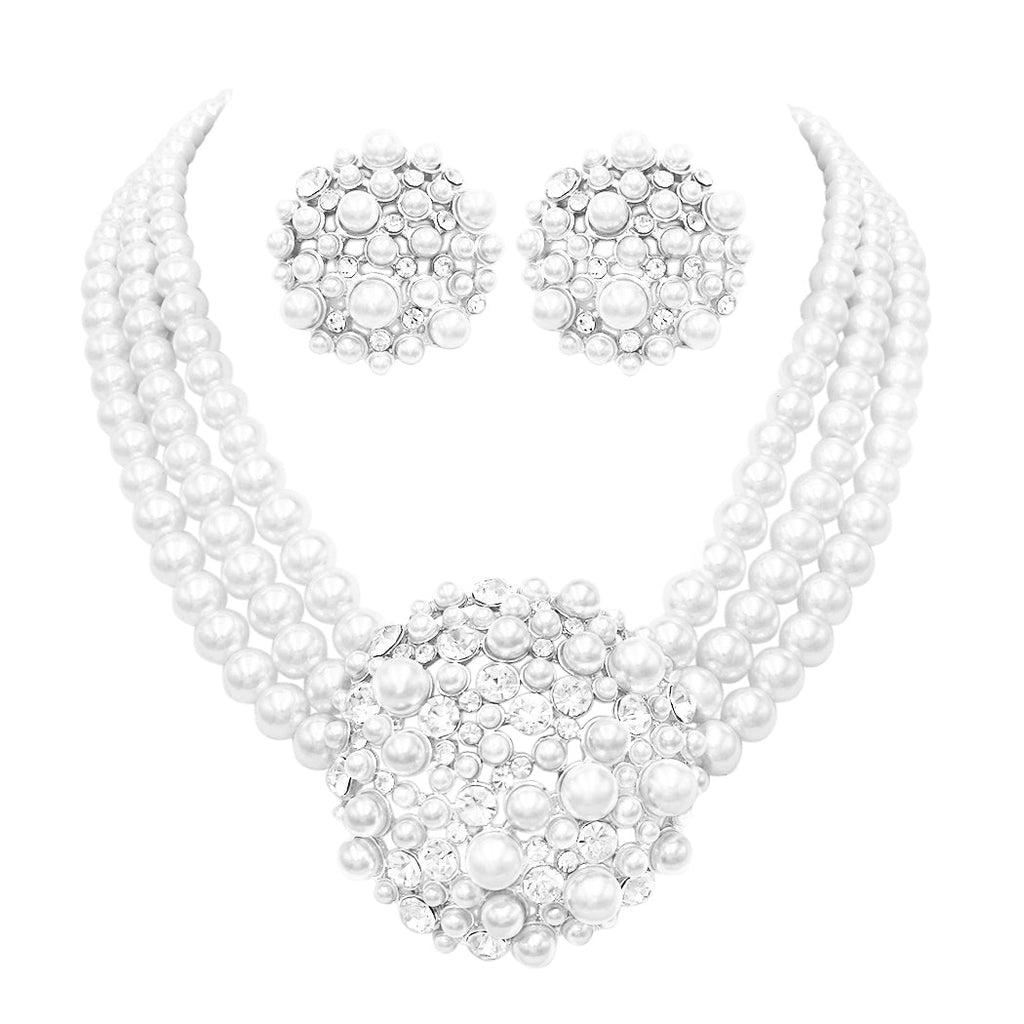 Unique Circular Design Crystal Rhinestone And Simulated Three Strand Pearl Necklace Earrings Bridal Jewelry Set , 14"+3" Extender (White Pearl Silver Tone)