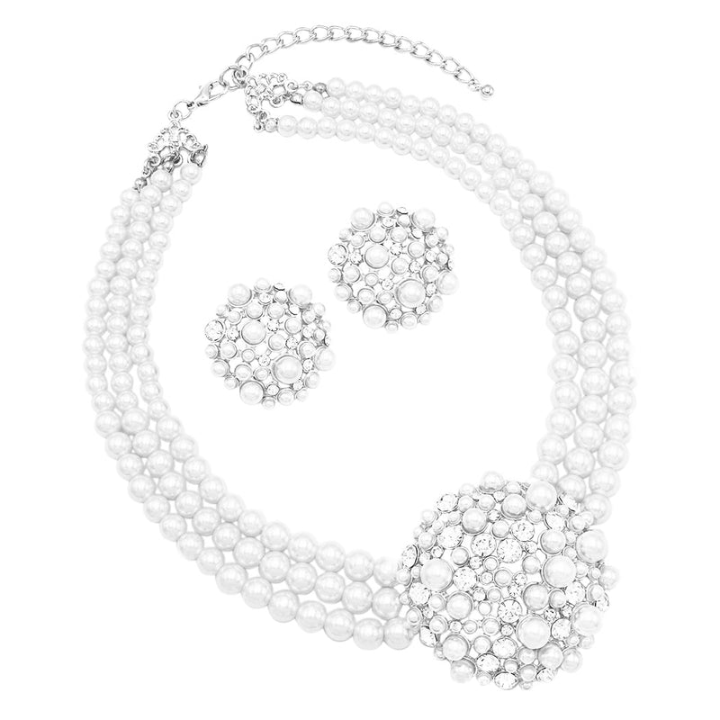 Unique Circular Design Crystal Rhinestone And Simulated Three Strand Pearl Necklace Earrings Bridal Jewelry Set , 14"+3" Extender (White Pearl Silver Tone)