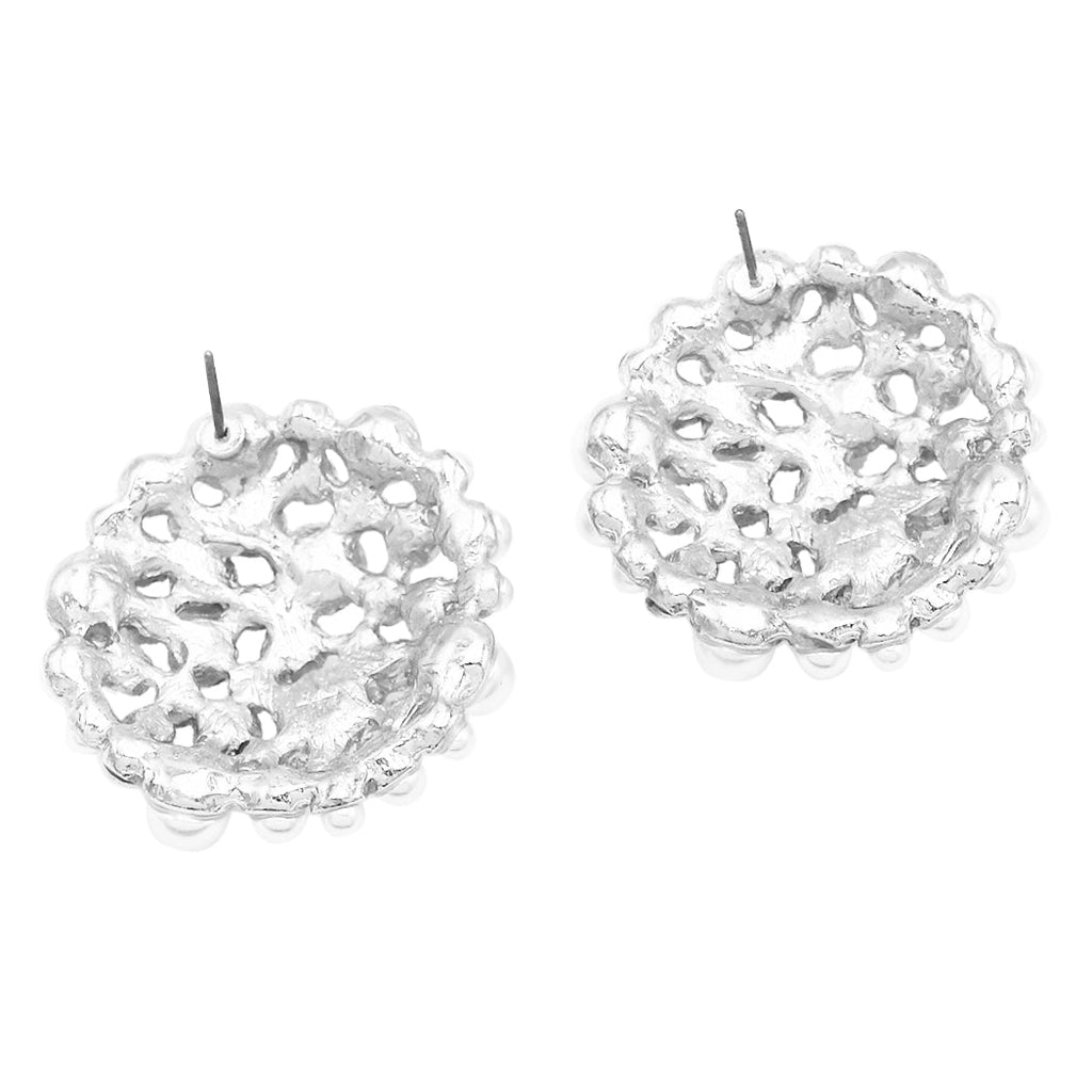 Unique Circular Design Crystal Rhinestone And Simulated Three Strand Pearl Necklace Earrings Bridal Jewelry Set , 14"+3" Extender (White Pearl Silver Tone)